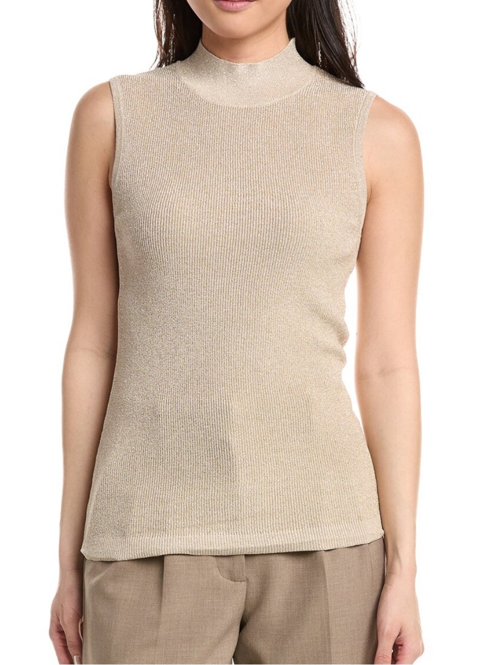 Tahari ASL Sleeveless mock neck ribbed sweater champagne size S